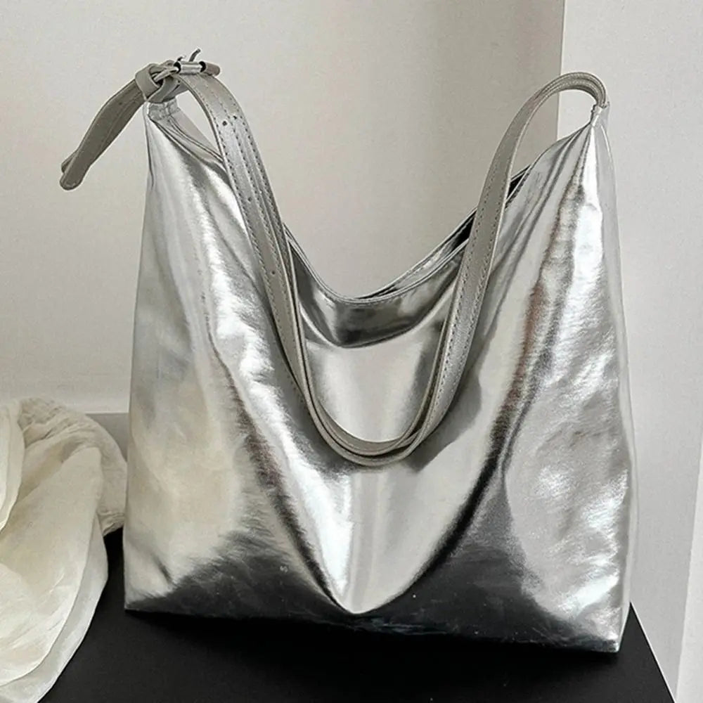 PU Top-Handle Handbag Luxury Designer Bag for Women Fashion Shopping Bag High Capacity Silver Gold Casual Leather Tote Bag