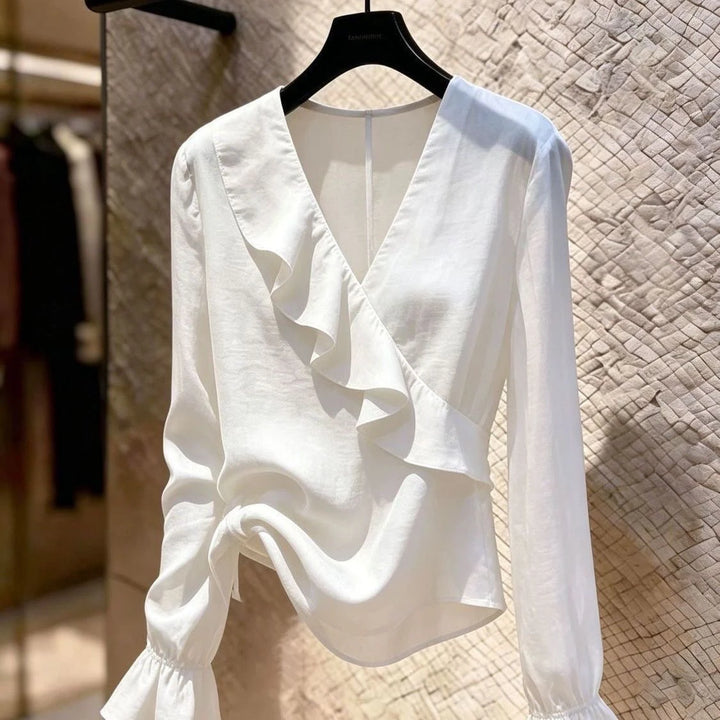 Elegant White V-Neck Shirt with Ruffle Sleeves Long Sleeve Versatile Slimming Women&