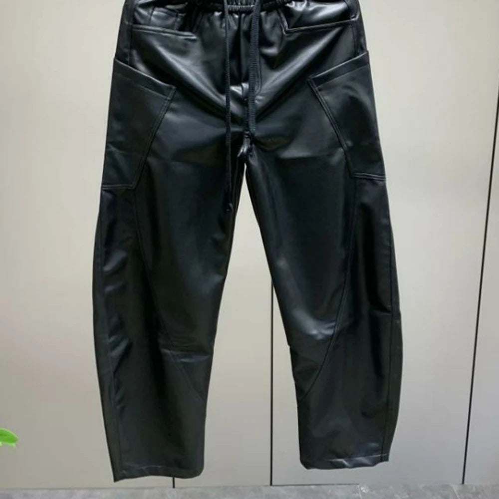 Mens Pu Leather Pants Multi-Pocket Pu Pants Streetwear American Hip-Hop All-Match Solid Color Simple Casual Pants Men&