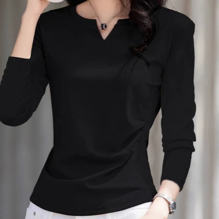 V-neck Long-sleeved T-shirt for Women in Early Autumn 2025 New Pleated Waist Top Temperament and Versatile Base Shirt