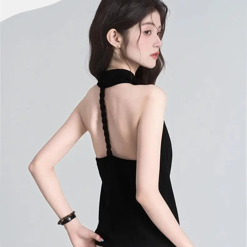 Cowl Neck Elegant Summer Women Top Sleeveless Halter Neck Tank Top Laced Ice Silk Knit Backless Sexy Basic Tees Blouse