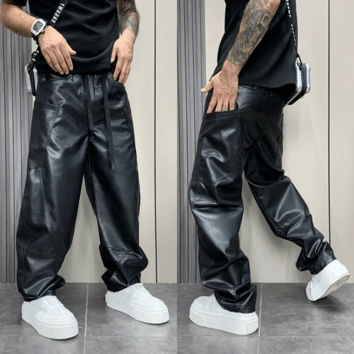 Mens Pu Leather Pants Multi-Pocket Pu Pants Streetwear American Hip-Hop All-Match Solid Color Simple Casual Pants Men&
