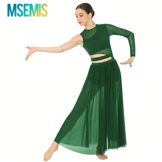 Womens Modern Lyrical Contemporary Dance Costume Cutout Round Neck Dress Side Split Sheer Mesh Dresses Performance Outfits