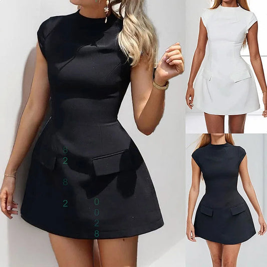 Spring Summer Elegant Solid Color Round Neck High Waist Slim Fit Dress Dresses