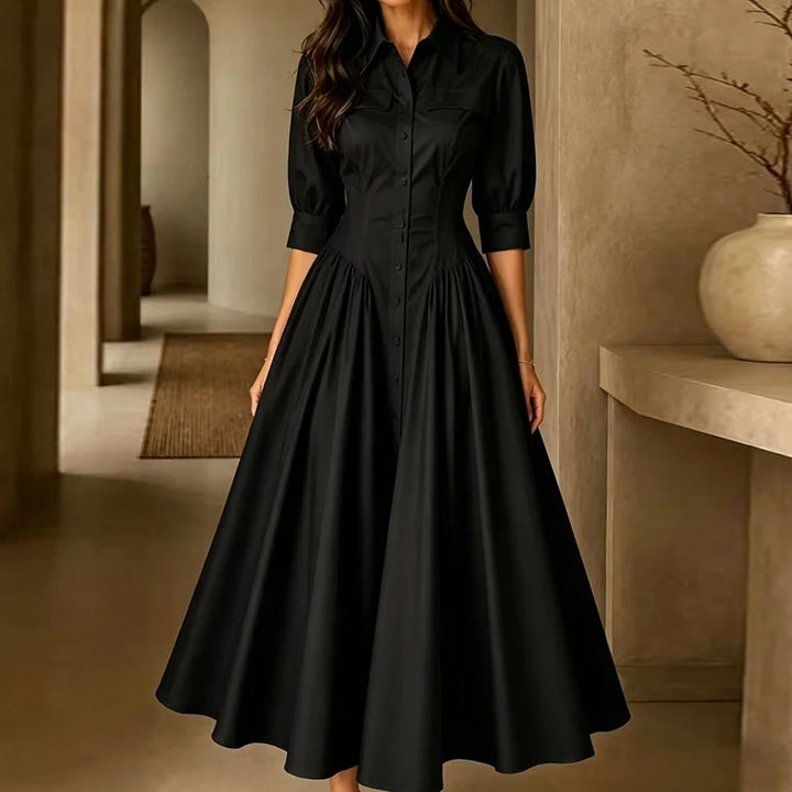 Elegant Women Solid Maxi Dress Single-Breasted Turn-Down Collar Autumn Party Dress Holiday Simple Button Patchwork Casual Dress