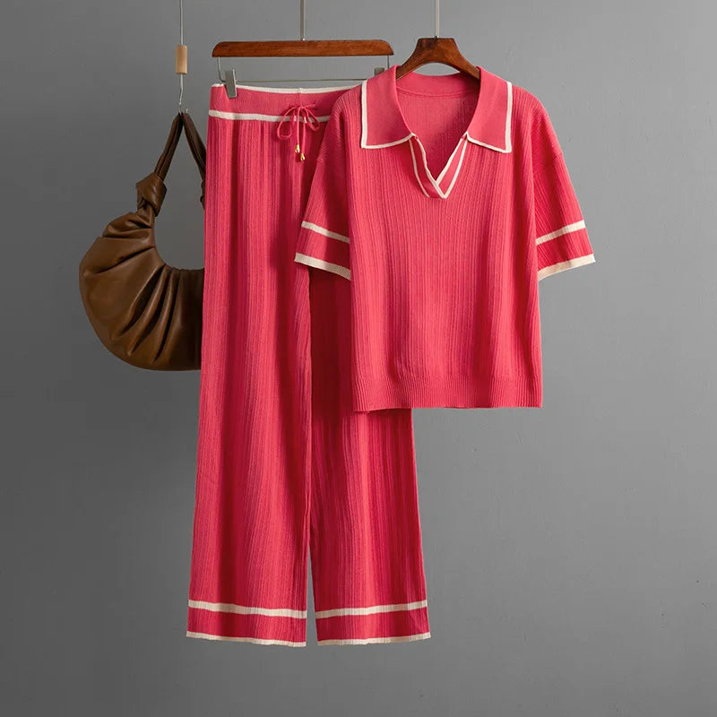 Knitting 2 Piece Sets Women Top Polo Shirt Suit Wide Leg Straight Pants Outfits Lace Up Casual Knitwear Ensemble 2025 Summer