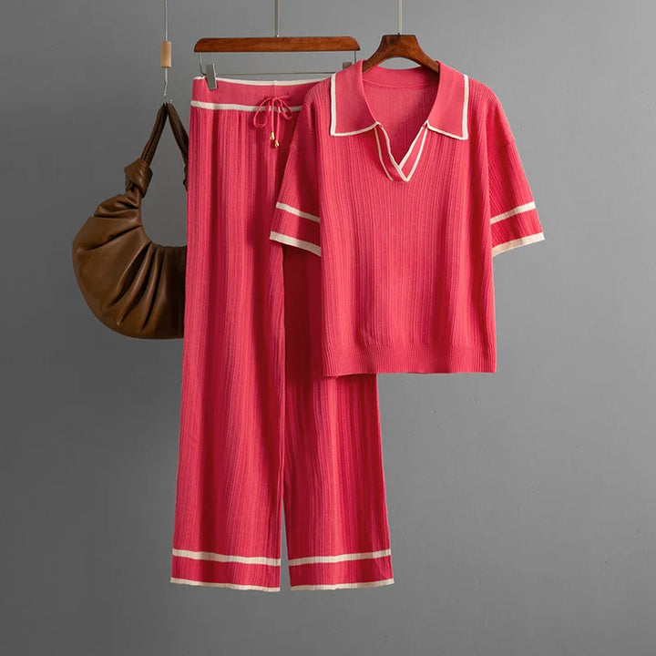 Knitting 2 Piece Sets Women Top Polo Shirt Suit Wide Leg Straight Pants Outfits Lace Up Casual Knitwear Ensemble 2025 Summer