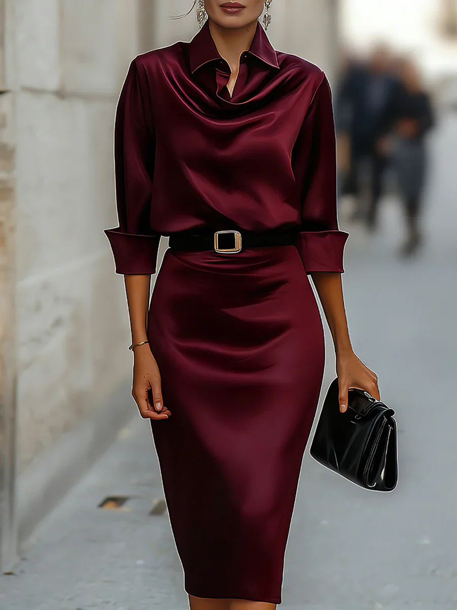 Satin Cowl Neck Collar Midi Dress Women Elegant Long Sleeve Belted Bodycon Party Dress