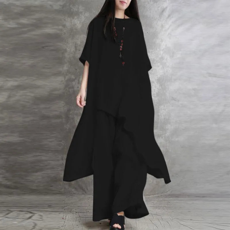 Women Cotton Linen Pant Sets 2 Pieces Casual Half Sleeve Solid Loose Blouse&amp;High Elastic Waist Wide Leg Full Trousers Suits