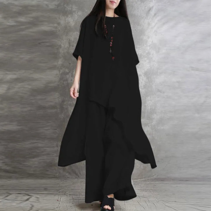 Women Cotton Linen Pant Sets 2 Pieces Casual Half Sleeve Solid Loose Blouse&amp;High Elastic Waist Wide Leg Full Trousers Suits