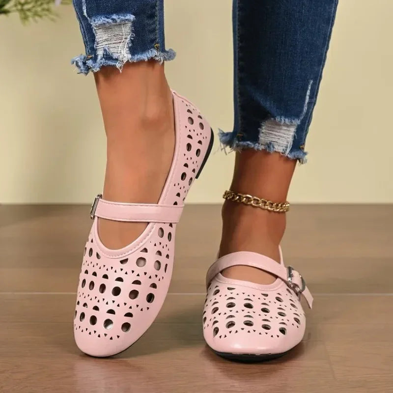 Women Hollow Out Mary Jane Flats Summer Breathable Flat Shoes Buckle Strap Soft Non Slip Sole Daily Walking Ladies Casual Shoes