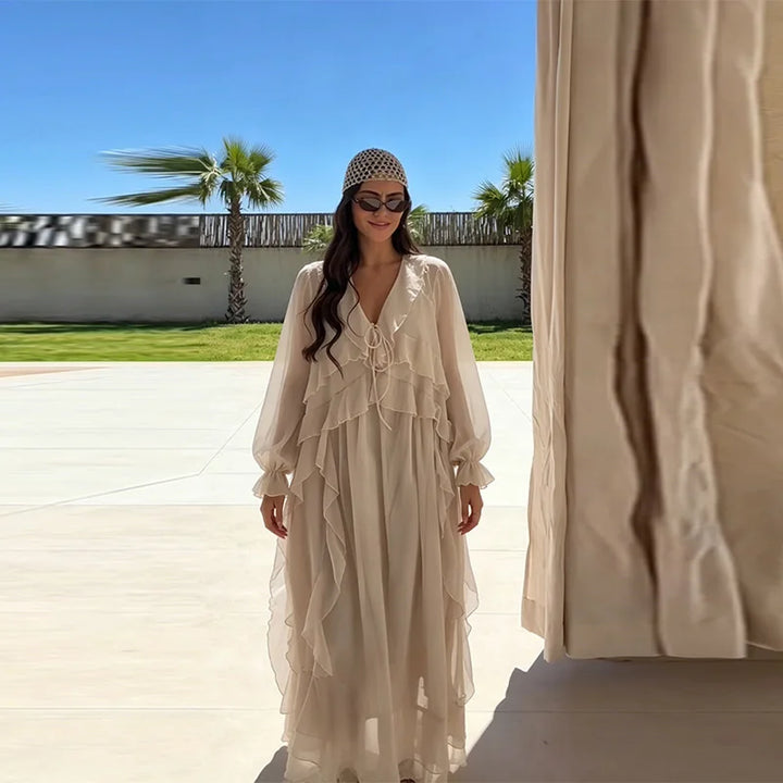 2026 Solid Color Ruffle Maxi Dress For Women V Neck Long Sleeve Chiffon Flowy Bohemian Summer Vacation Beach Cover Up Dress