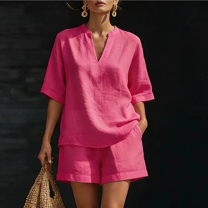 Summer Casual Cotton Linen Two Piece Set For Women V Neck Short Sleeve Shirt High Waist Pocket Short Suit Women Comfortable Set