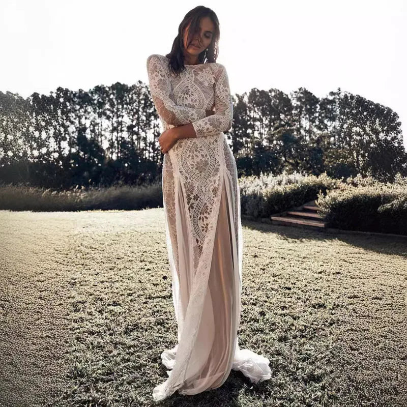 White Lace Maxi Dress Women Long Sleeve Hollow Out Backless Elegant Party Wedding Evening Gown Robe Female Clothing