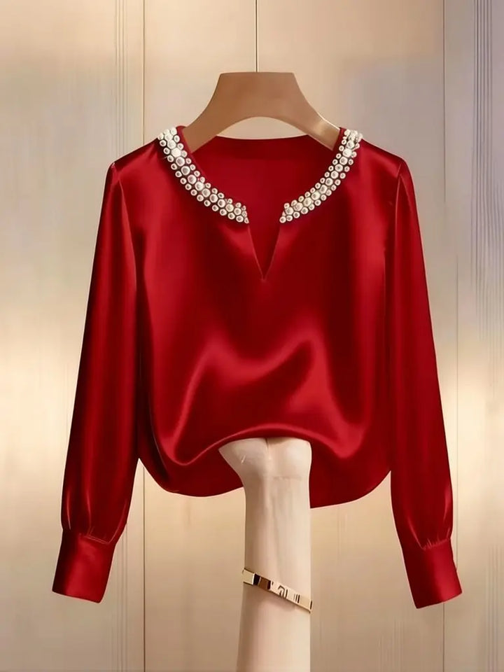 Pearl V-neck Silk Satin Top Women Luxury Elegant Long Sleeve T Shirt Commuter Loose Casual Basic Tees Chic Work Wear