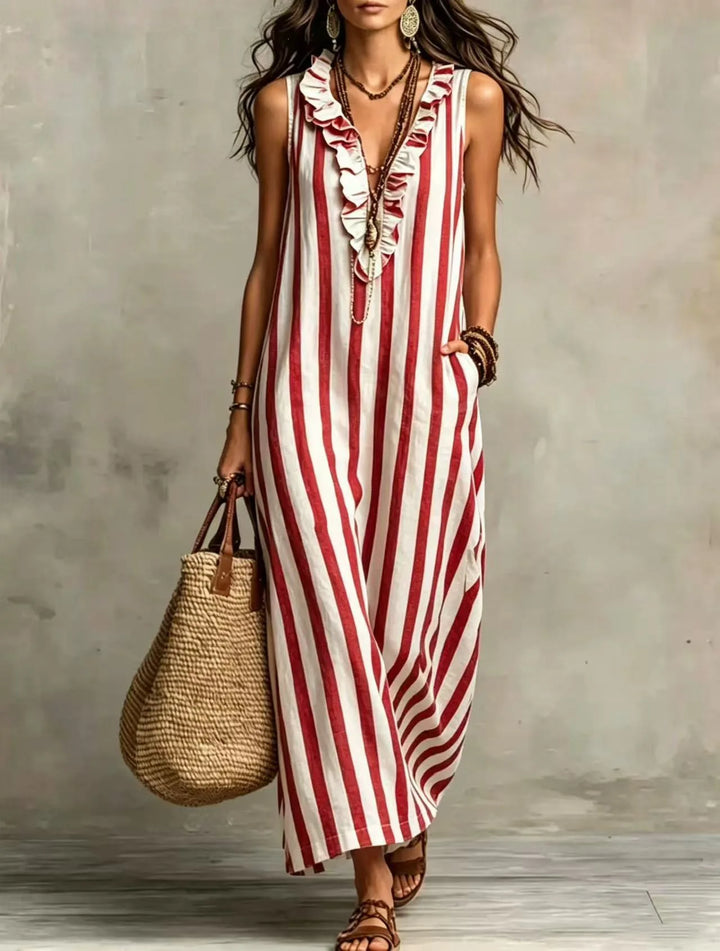 Bohemian Stripe V Neck Linen Maxi Dress Summer Casual Long Dresses