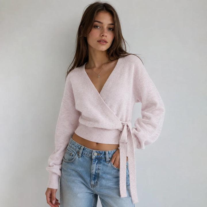 Knit Sweater Women V Neck Pullover Sweaters Long Sleeve Elegant Sweater Lace Up Long Sleeve Sweater Autumn Winter Knitwear Top