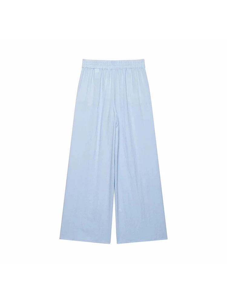 Women Light Blue 2-Piece Set Lapel Zipper Short Sleeve Cropped Shirt + Elastic Waist Wide Leg Pants Casual Office Lady Suit