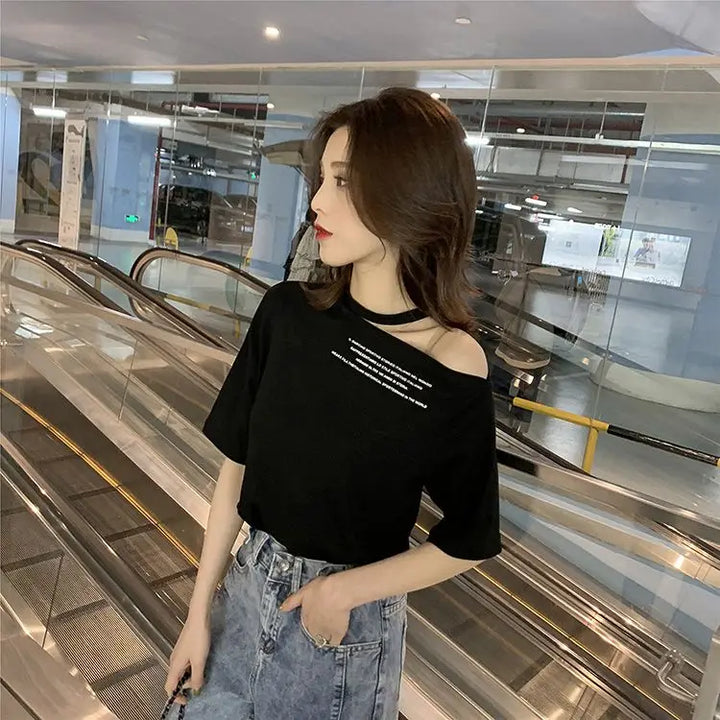 Off-the-shoulder T-shirt Women Short Sleeve 2025 Summer New Korean Version Loose Off-shoulder Short Sleeve Top