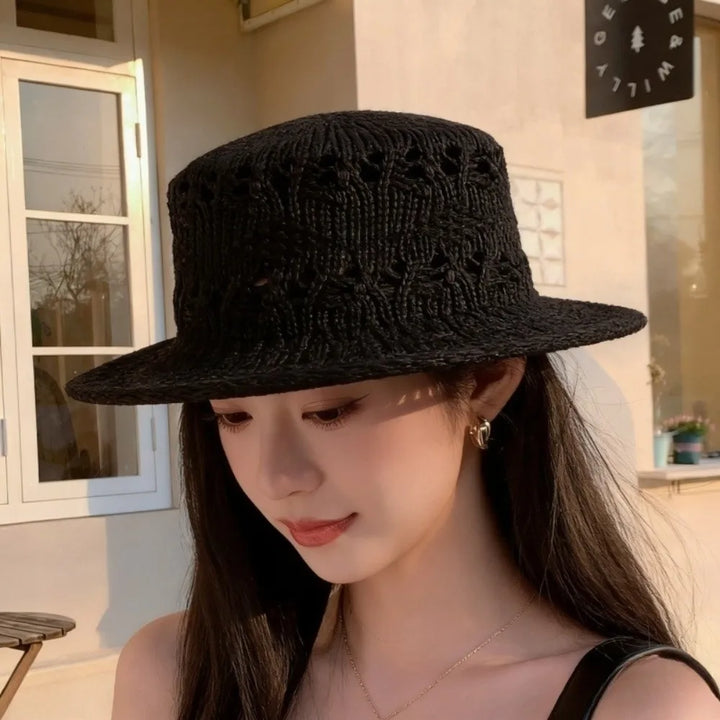 Wide Brim Breathable Straw Hat Lightweight Casual Knitted Flat Top Hat Eco-friendly Versatile Style Hollow Out Hat Summer Beach