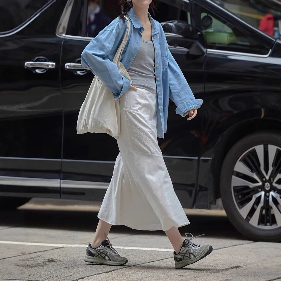 Splicing White Midi Skirt for Women in Summer 2025 New Design Style and Temperament
