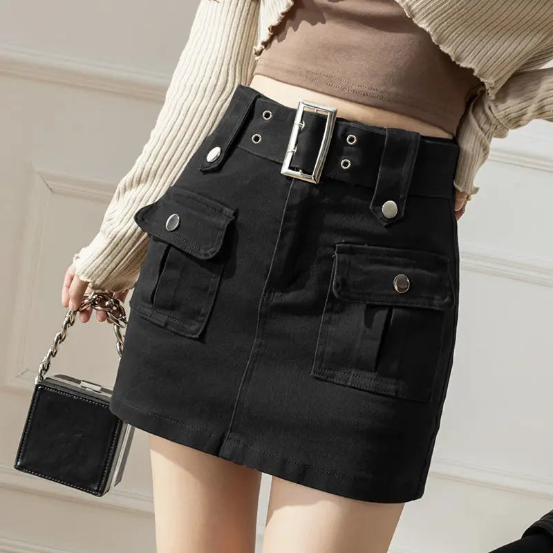 Denim Short Skirt Female Spring Autumn Y2k A Line Summer Half-body Skirt High-waisted Slim Anti-glare Package Hip Trouser Skirt