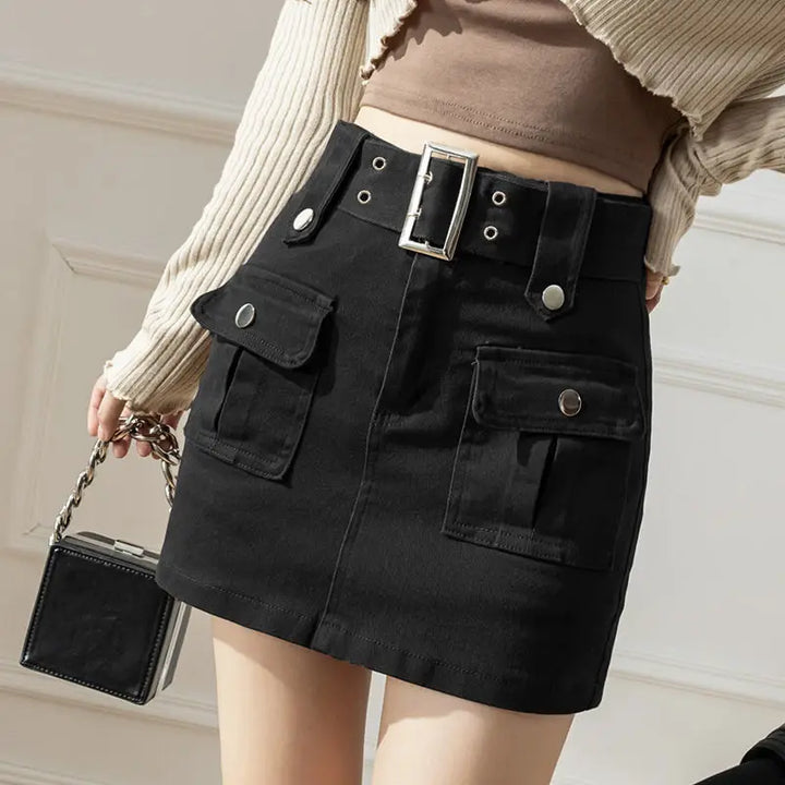 Denim Short Skirt Female Spring Autumn Y2k A Line Summer Half-body Skirt High-waisted Slim Anti-glare Package Hip Trouser Skirt