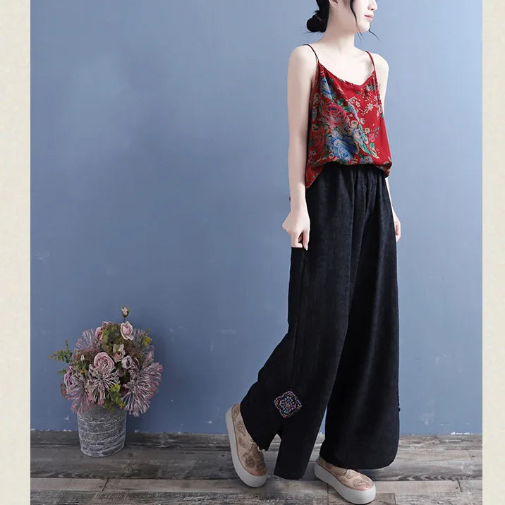 Women Linen Wide Leg Pants Elastic Waist Embroidery Patch Split Hem Loose Casual Ankle Trousers