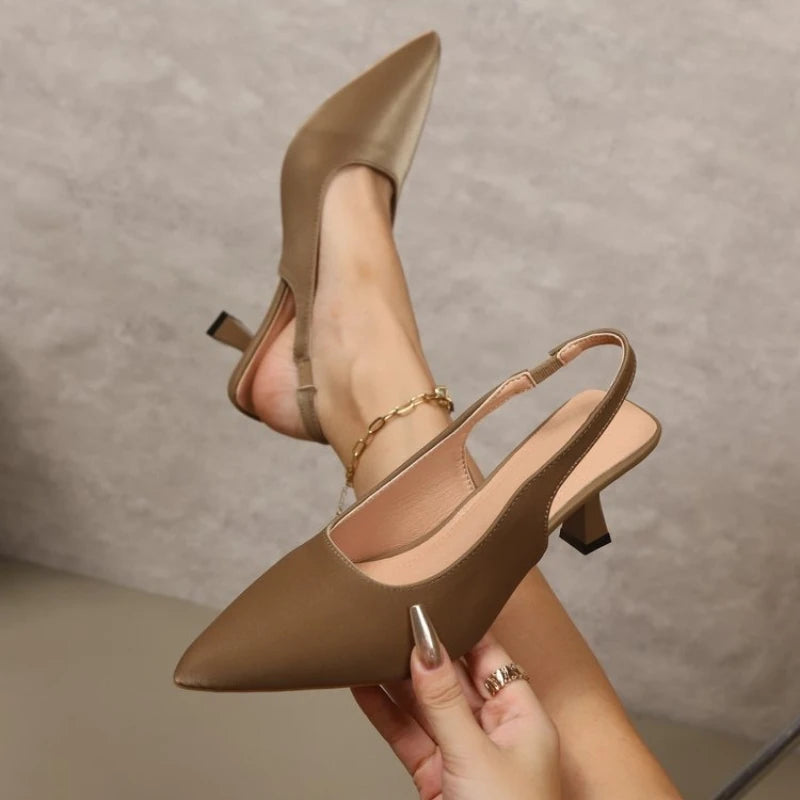 Women Pointed Toe Kitten Heel Sandals Slingback Pumps Low Flared Heel Dress Shoes Summer Wedding Party Office Elegant Fashion