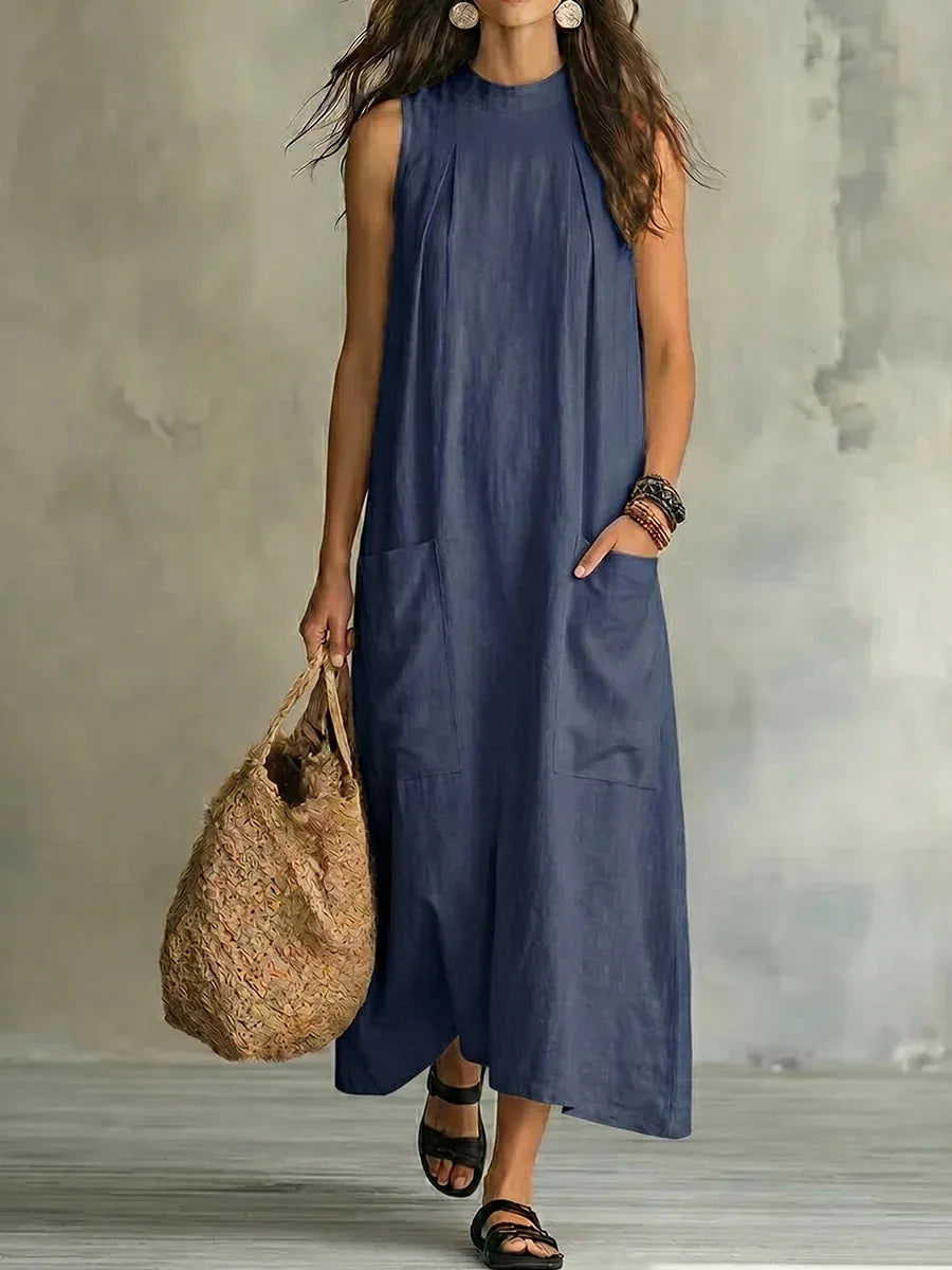 Boho Round Neck Cotton Linen Maxi Dress Women Sleeveless Loose Casual Dress with Side Pockets
