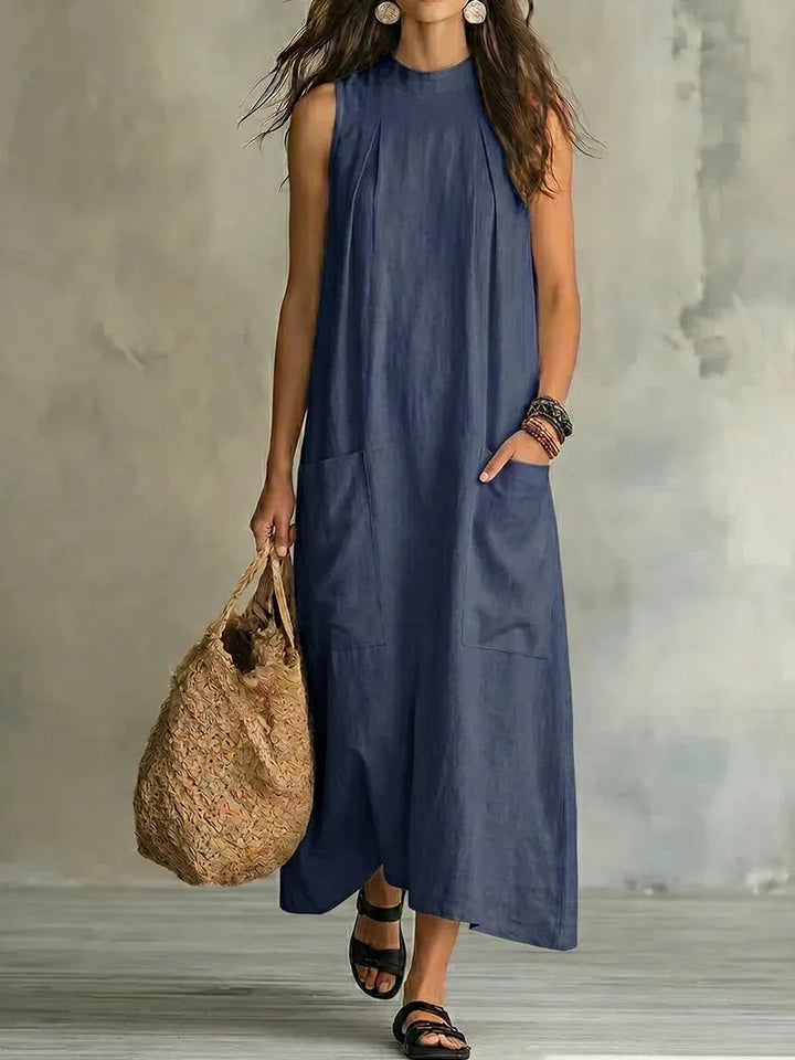 Boho Round Neck Cotton Linen Maxi Dress Women Sleeveless Loose Casual Dress with Side Pockets