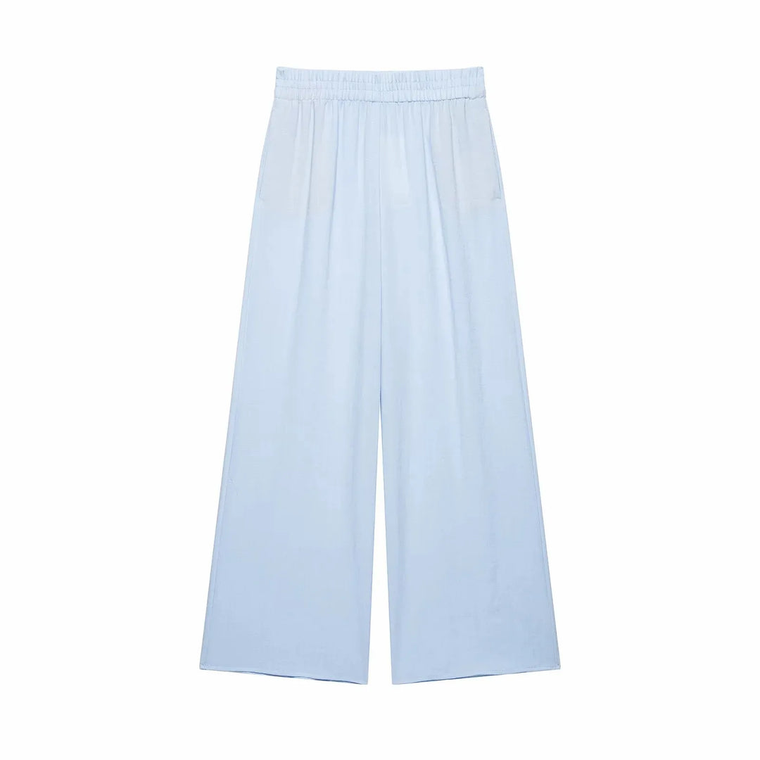 Women Light Blue 2-Piece Set Lapel Zipper Short Sleeve Cropped Shirt + Elastic Waist Wide Leg Pants Casual Office Lady Suit
