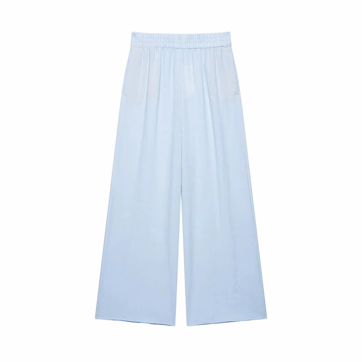 Women Light Blue 2-Piece Set Lapel Zipper Short Sleeve Cropped Shirt + Elastic Waist Wide Leg Pants Casual Office Lady Suit