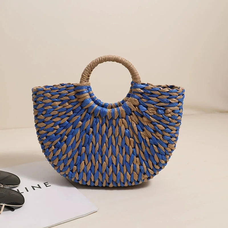 TOPHIGH Women Straw Tote Bag Large Capacity Luxury Designer Woven Bag Color Clash Semicircle Weaving Bag Summer Beach Handbag