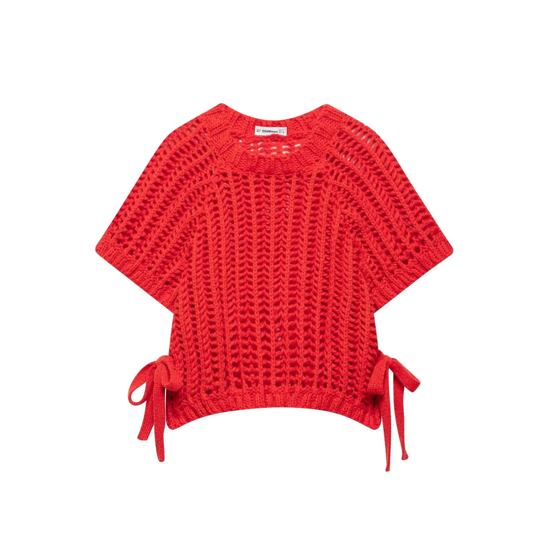 Hollow Out Knit Pullover Women Casual Round Neck Lace Up Bow Sweater Female Autumn Short Sleeves Solid Knitwears Lady
