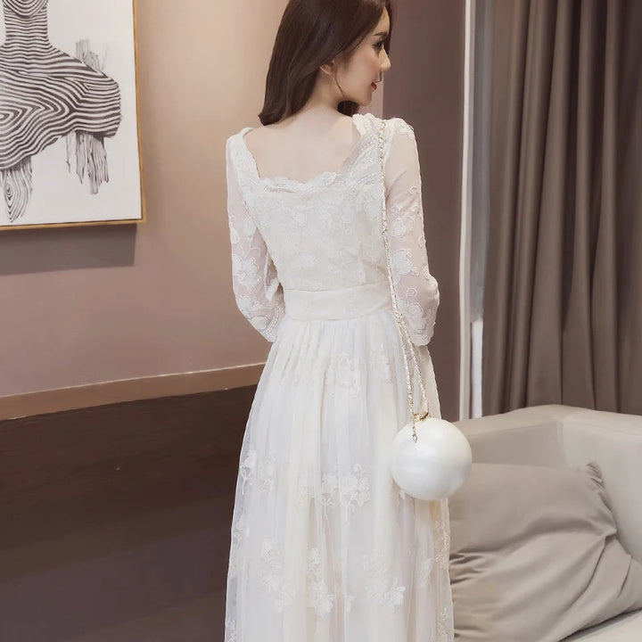 Female Dress Long White Embroidery Maxi Birthday Women&