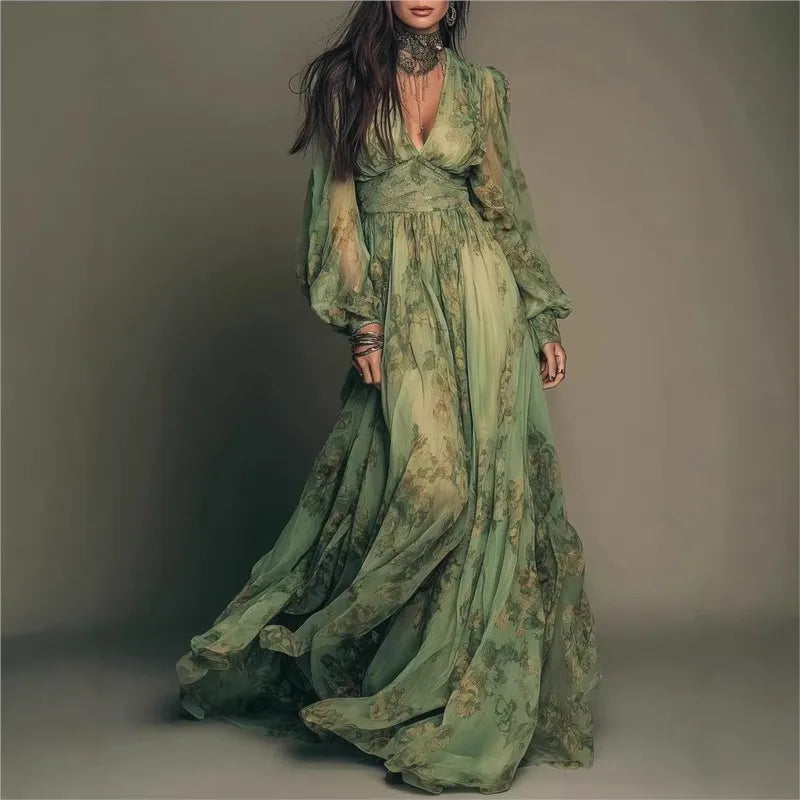 Elegant Green Floral Print Chiffon Maxi Dresses For Womeni Spring Sexy Deep V Neck High Waist Long Sleeve Boho Beach Long Dress