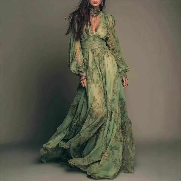 Elegant Green Floral Print Chiffon Maxi Dresses For Womeni Spring Sexy Deep V Neck High Waist Long Sleeve Boho Beach Long Dress