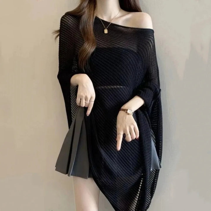 Stripe Patchwork Crochet Hollow Top Transparent Thin Sunscreen Cover Up Loose Irregular Beach Cloak Summer