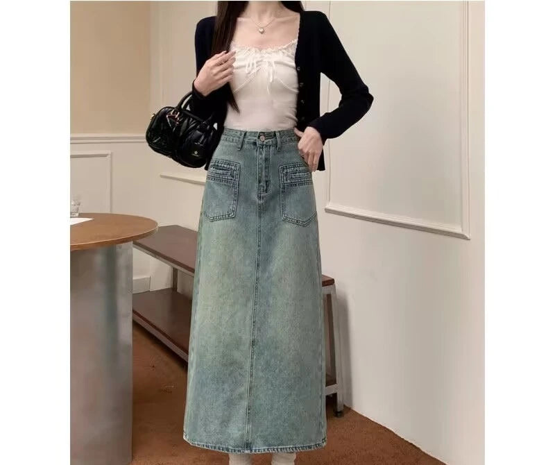 Split Denim Midi Skirt for Women New Plus Size A-line High Waist Long Skirt with Crotch Covering