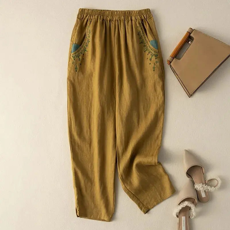 Embroidery Linen Solid Casual Elastic High Waist Loose Wide Leg Women&