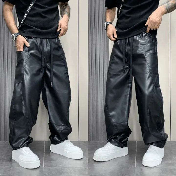 Mens Pu Leather Pants Multi-Pocket Pu Pants Streetwear American Hip-Hop All-Match Solid Color Simple Casual Pants Men&