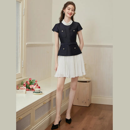 LOUISYAO Elegant Pleated Midi Dress 2026 Spring Short Sleeve Slim Fit Premium Chic Long Dress for Women