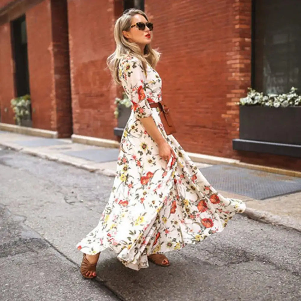 Slim-fitting Printed Dress Elegant Floral Maxi Dress for Women A-line Silhouette High Waist Design Half Sleeve Detail for Spring