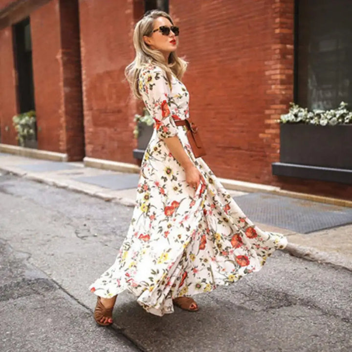 Slim-fitting Printed Dress Elegant Floral Maxi Dress for Women A-line Silhouette High Waist Design Half Sleeve Detail for Spring