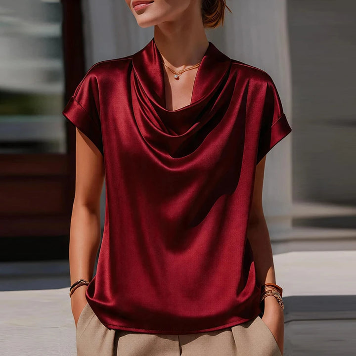 Summer Satin Cowl Neck Short Sleeve Blouse Women Fashion Solid Color Silk Shirts For Women Summer Loose Tee Office Lady Tops