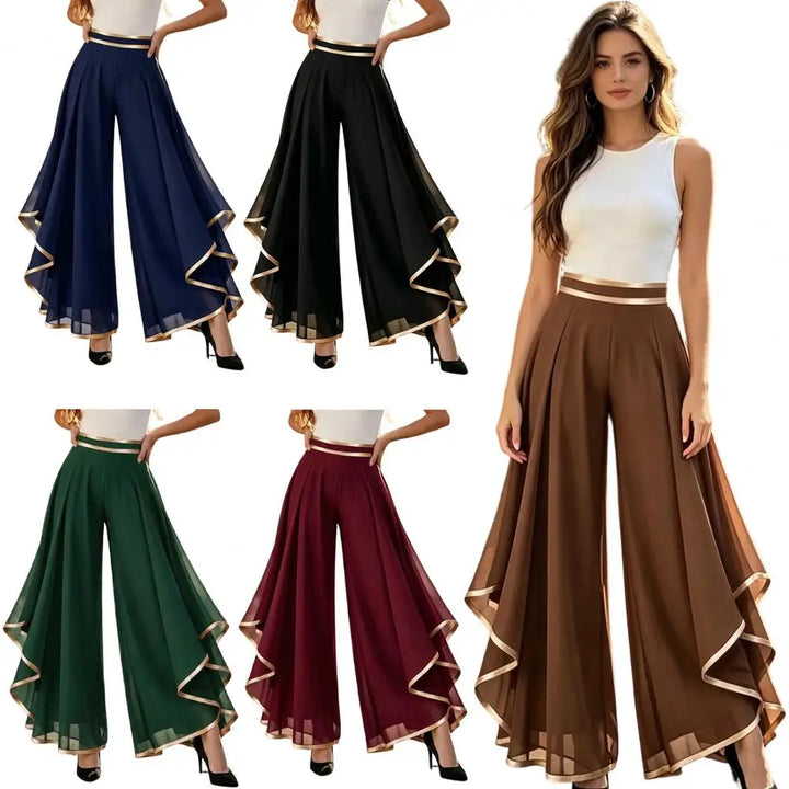 Women Wide Leg Pants Elastic High Waist Moisture-wicking Double-layer Side Seam Casual Trousers Layering Design Summer Pants