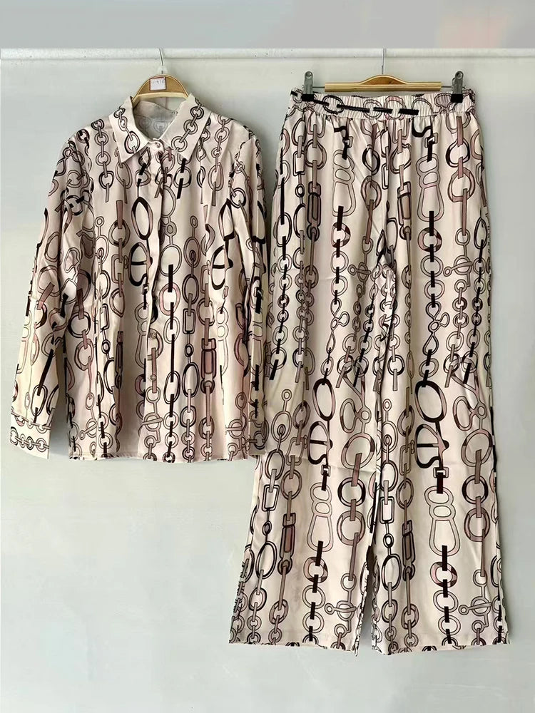 Retro geometric print lapel straight leg shirt two-piece set for 2026 spring women&