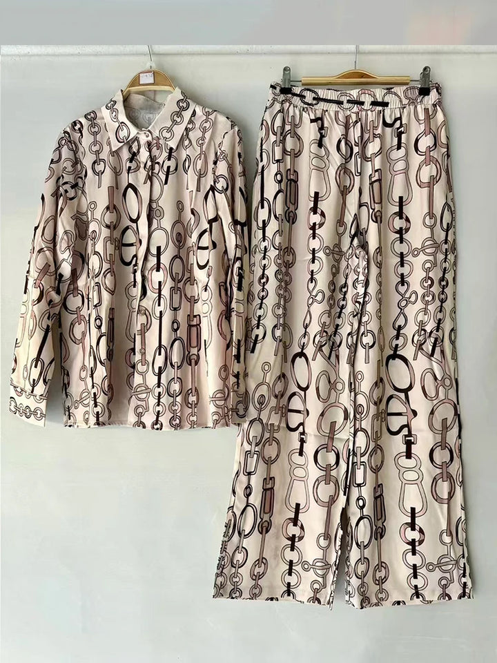 Retro geometric print lapel straight leg shirt two-piece set for 2026 spring women&