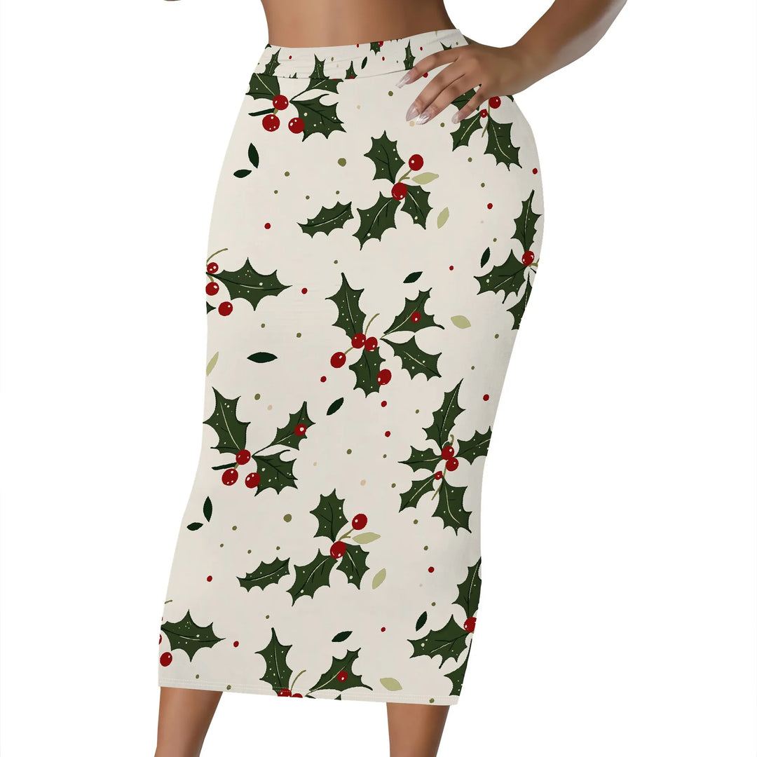Floral Print Pencil Skirt, Red Berry Leaf Pattern Midi Skirt, High Waist Bodycon Skirt for Women Office Party Wear S-2XL